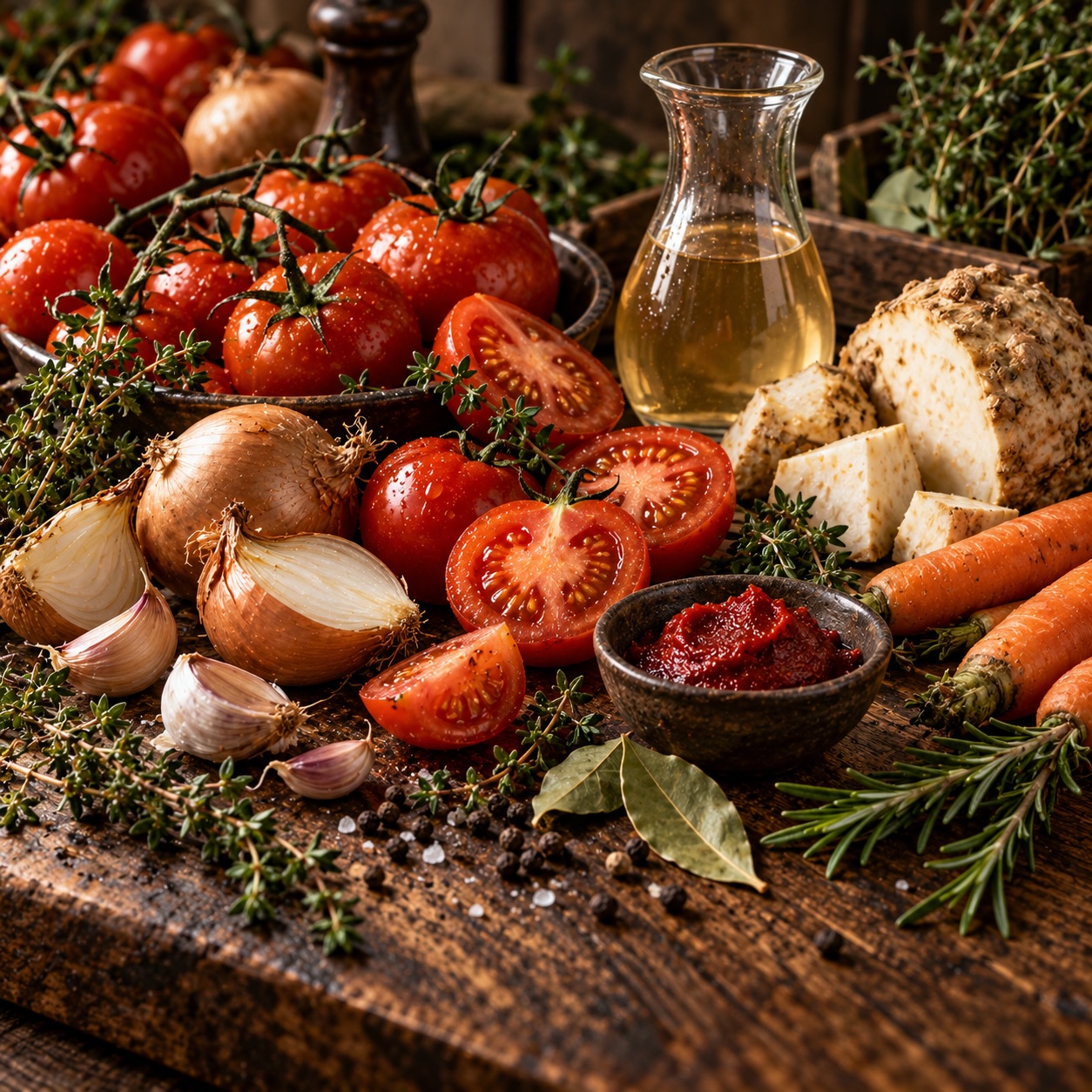 Reife Tomaten, Wurzelgemüse, Kräuter und Verjus für die Tomaten-Jus